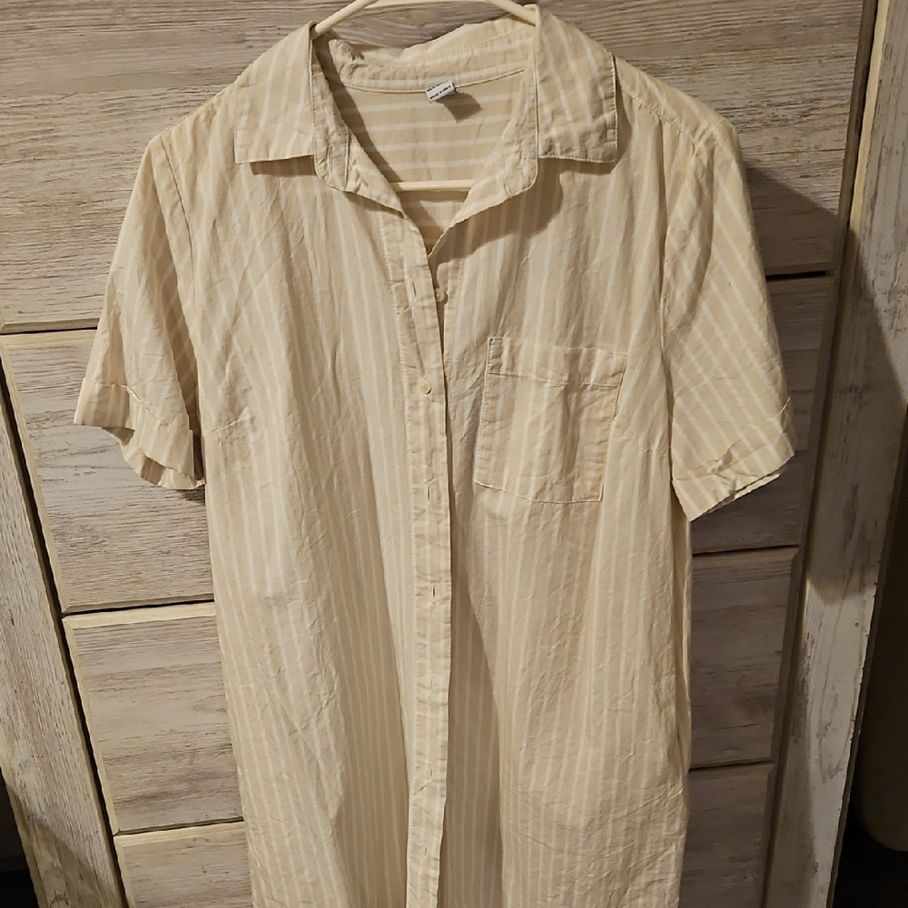 Old Navy Cream Striped Casual Button Down Dress